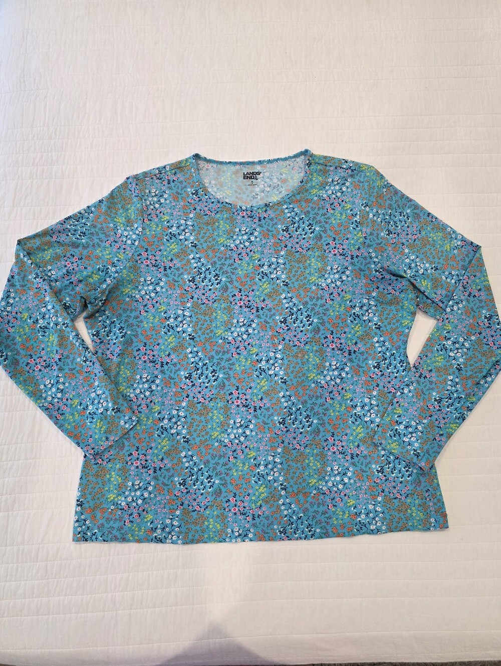 Lands' End Aqua Floral Long-Sleeve Crewneck Top Womans XL